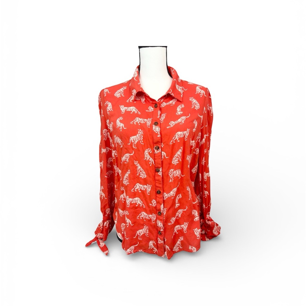 Anthropologie Margaret Jeane Ladies Orange Button Down Shirt with Tiger Design - Picture 10 of 10